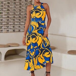 Women’s Midi Dress, Yellow, blues Floral Printing, summer sleeveless, belted